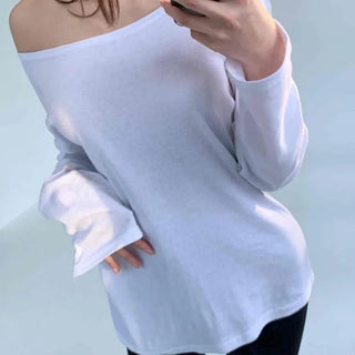 Creamy Wide Neck Boxy Long Sleeve T-shirt