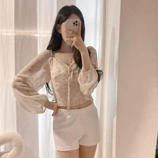 Nuups Flower Chiffon See-through Puff Blouse