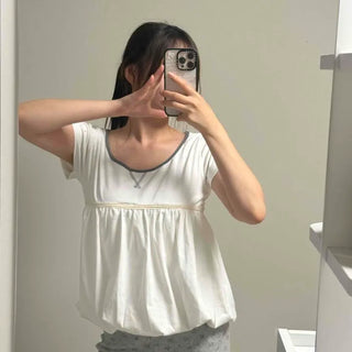 Color Block Stitch Balloon Short Sleeve T-shirt