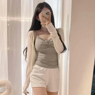 Four-Neck Shirred Lace Sleeveless Top