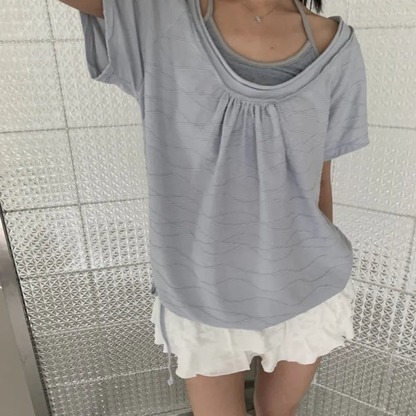 Wave Deep U-Neck Raw Stripe Loose Fit Short Sleeve T-shirt