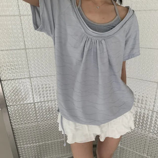 Wave Deep U-Neck Raw Stripe Loose Fit Short Sleeve T-shirt