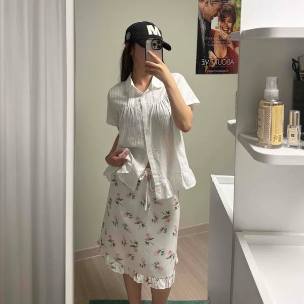 Frill Flower Straight H-Line Daily Midi Skirt