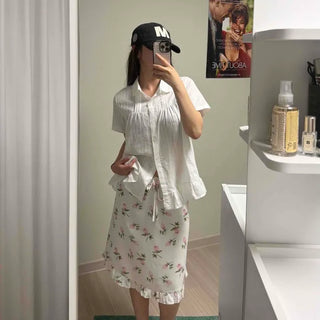 Frill Flower Straight H-Line Daily Midi Skirt