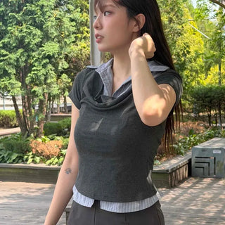 Button Contrast Layered Regular Fit Striped Short Sleeve T-shirt