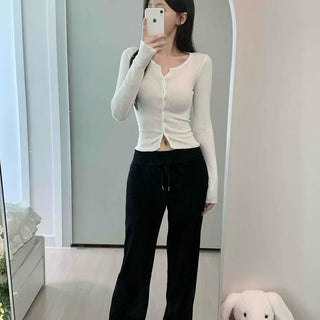String Wide Straight Loose Fit Cozy Long Pants
