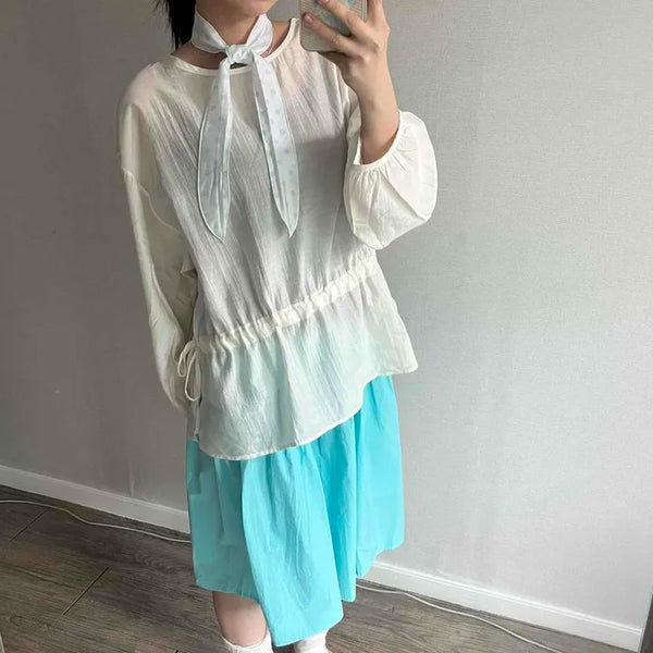 Shirred String Plain Loose Fit Long Sleeve Blouse