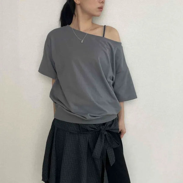 Plain Off-Shoulder Loose Fit Short Sleeve T-Shirt