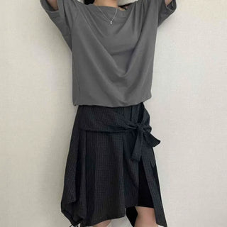 Ribbon String Check Layered Wrap A-Line Midi Skirt