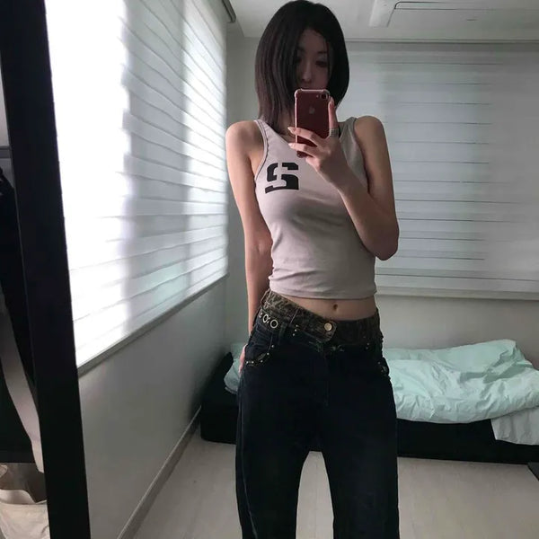Leopard Eyelet Stud Washed Contrast Straight Long Pants