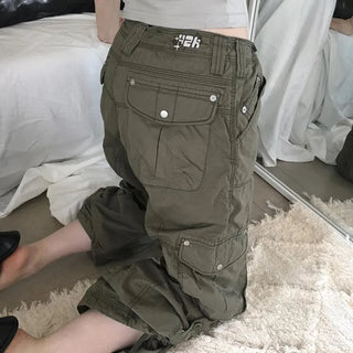 New Moo Cargo Drawstring Low-rise Thin Fleece Cotton Capri Two-way Wide Pants