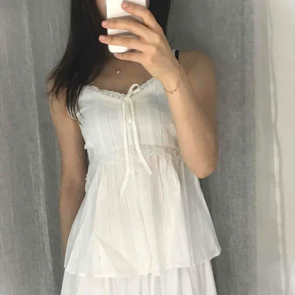 Shirred Ribbon Tiered A-Line Sleeveless