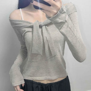 Ribbon Wrap Slim Fit Plain Long Sleeve T-shirt