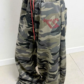 Lettering String Loose Fit Camo Wide Long Pants