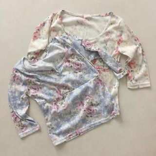 Camellia U-neck 3/4 Sleeve Flower Short Sleeve Tee Perforated Body Cover Slim Fit Inner Tee