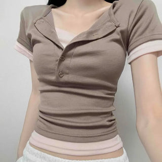 Button-down Contrast Button Slim Fit Plain Short Sleeve T-shirt