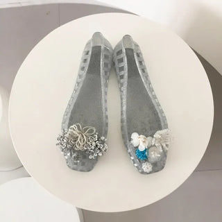Silver Square Jelly Shoes Mesh Net Flat Shoes Vacation Resort Transparent Sandals