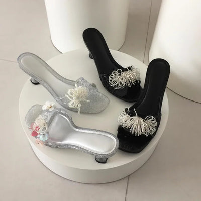 Jelly Shoes Transparent Mule Heels Mesh Net Vacation Resort Mid-Heel Sandals