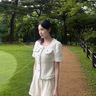 Frill Button Flap Pocket Slim Fit Plain Short Sleeve Jacket