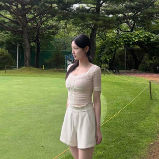 Slim Fit Ribbon See-through Flower Short Sleeve T-shirt