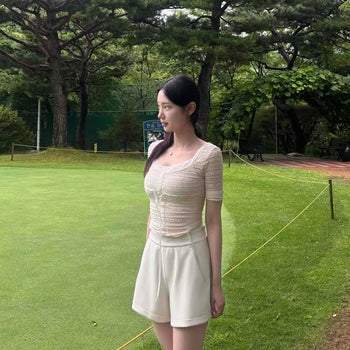 Slim Fit Ribbon See-through Flower Short Sleeve T-shirt