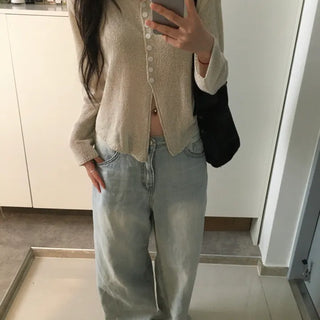 Slit V-neck Button Knit