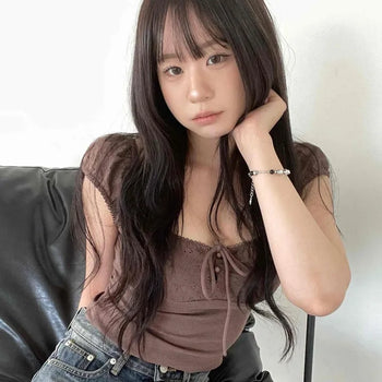 Fitted Shirred Ribbon Eyelet Cap Sleeve Blouse