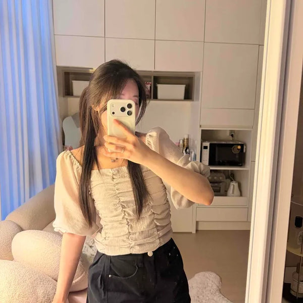 Shirred Frill Plain Loose Fit Short Sleeve Blouse