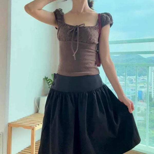 Shirred Button Flare A-Line Midi Skirt