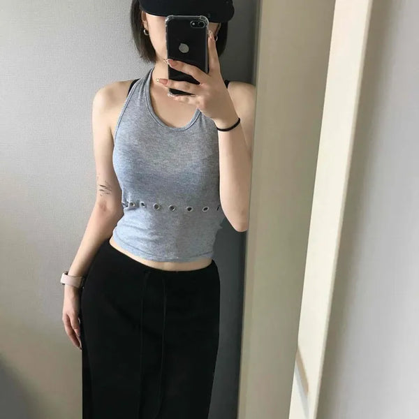Eyelet Backless Plain Slim Fit Sleeveless