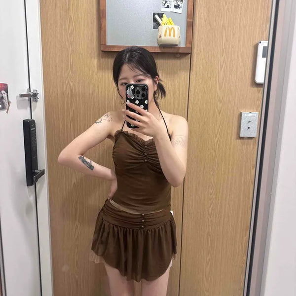 Shirred Frill Layered Strap Flare Mini Dress
