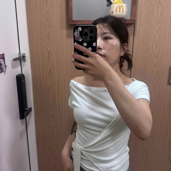 String Wrap Plain Slim Fit Short Sleeve T-shirt