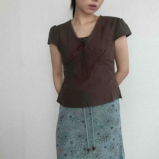 Ribbon Plain Fitted Short Sleeve Blouse