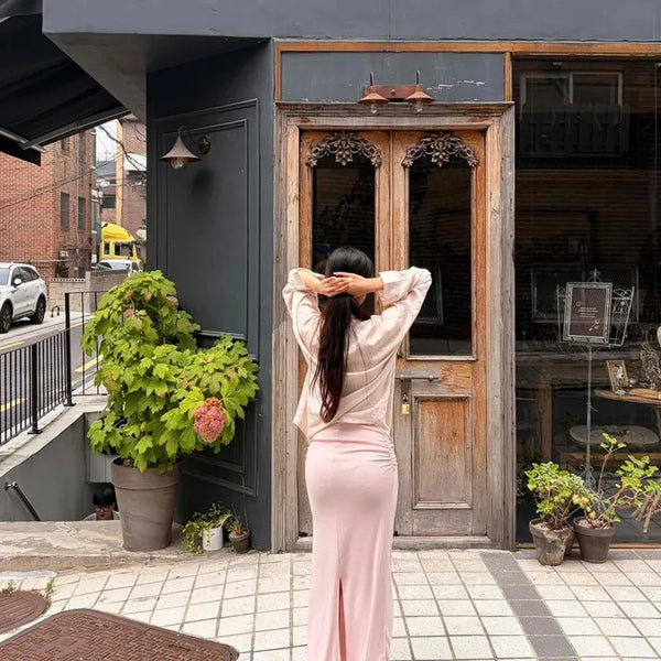 Shirred Slit Straight H-Line Fitted Long Skirt