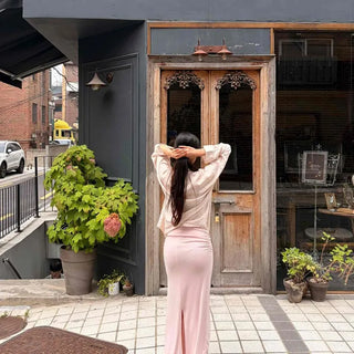 Shirred Slit Straight H-Line Fitted Long Skirt