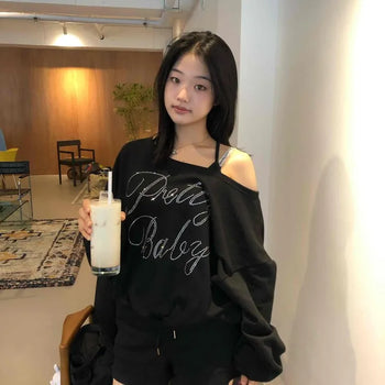 Loose Fit Lettering Shirred String Off-Shoulder Long Sleeve Sweatshirt