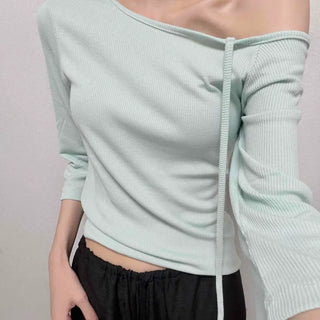 Off-shoulder Ribbon Slim Fit Plain Long Sleeve Short Sleeve T-shirt