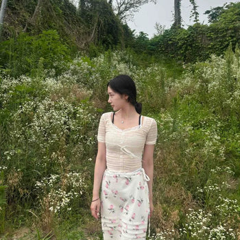Shirred Zipper Wrap Regular Fit Floral H-Line Midi Skirt