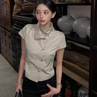 Latte High-Neck Short-Sleeve Trench Blouse