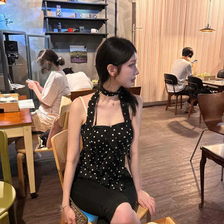 Shirred Ribbon Strap Dot Daily Sleeveless