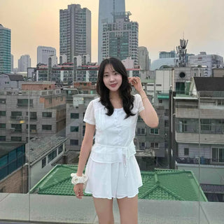 Button Shirred Plain Short Sleeve Daily Two-Piece