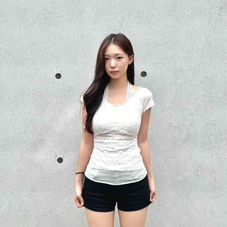 Slim Fit Frill Ribbon Layered Daily Short Sleeve T-shirt