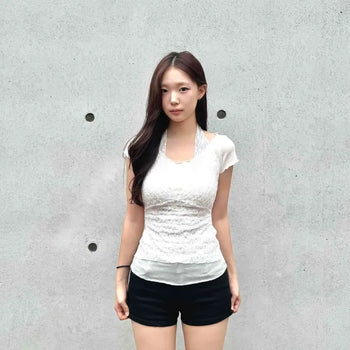 Slim Fit Frill Ribbon Layered Daily Short Sleeve T-shirt
