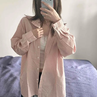 Button-down Oversized Gingham Check Long Sleeve Shirt