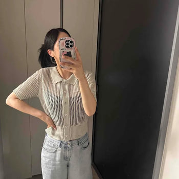 Silver Button Collar Punched Knit Cardigan