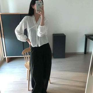 Loose Fit Plain Frill Shirred Button-Down Long Sleeve Blouse
