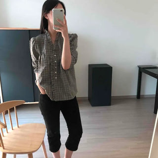 Loose-fit Check Frill Pintuck Shirred Long-sleeve Blouse