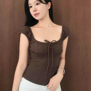 Slim Fit Plain Shirred Ribbon Eyelet Cap Sleeve Blouse