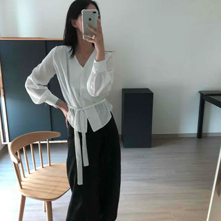 Loose Fit Shirred Ribbon Wrap Long Sleeve Blouse