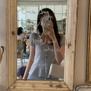 Sunberry Check Frill Puff Short Sleeve Blouse